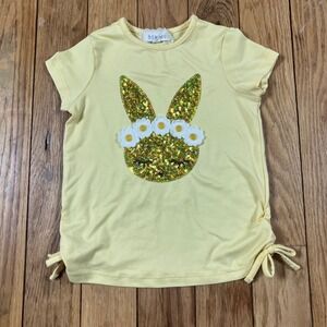 BWEEN‎ Girls Yellow Sequin Bunny Easter T Shirt Size 6 Side Tie Ruched